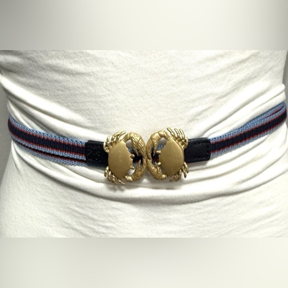 Tory burch Crab Clasp Striped Webbing Skinny Elastic Belt Blue Red - Picture 3 of 16